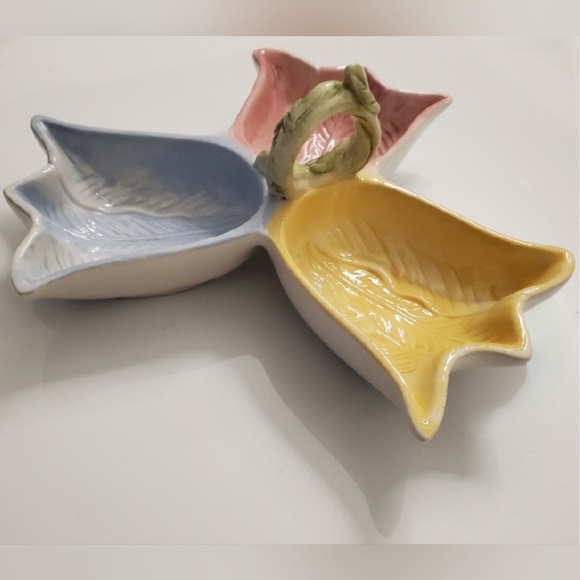 🌷3 Part🌷Pink🌷Yellow🌷Blue Tulips 🌷 Green Handle Glazed Ceramic Serving Dish - Picture 6 of 6